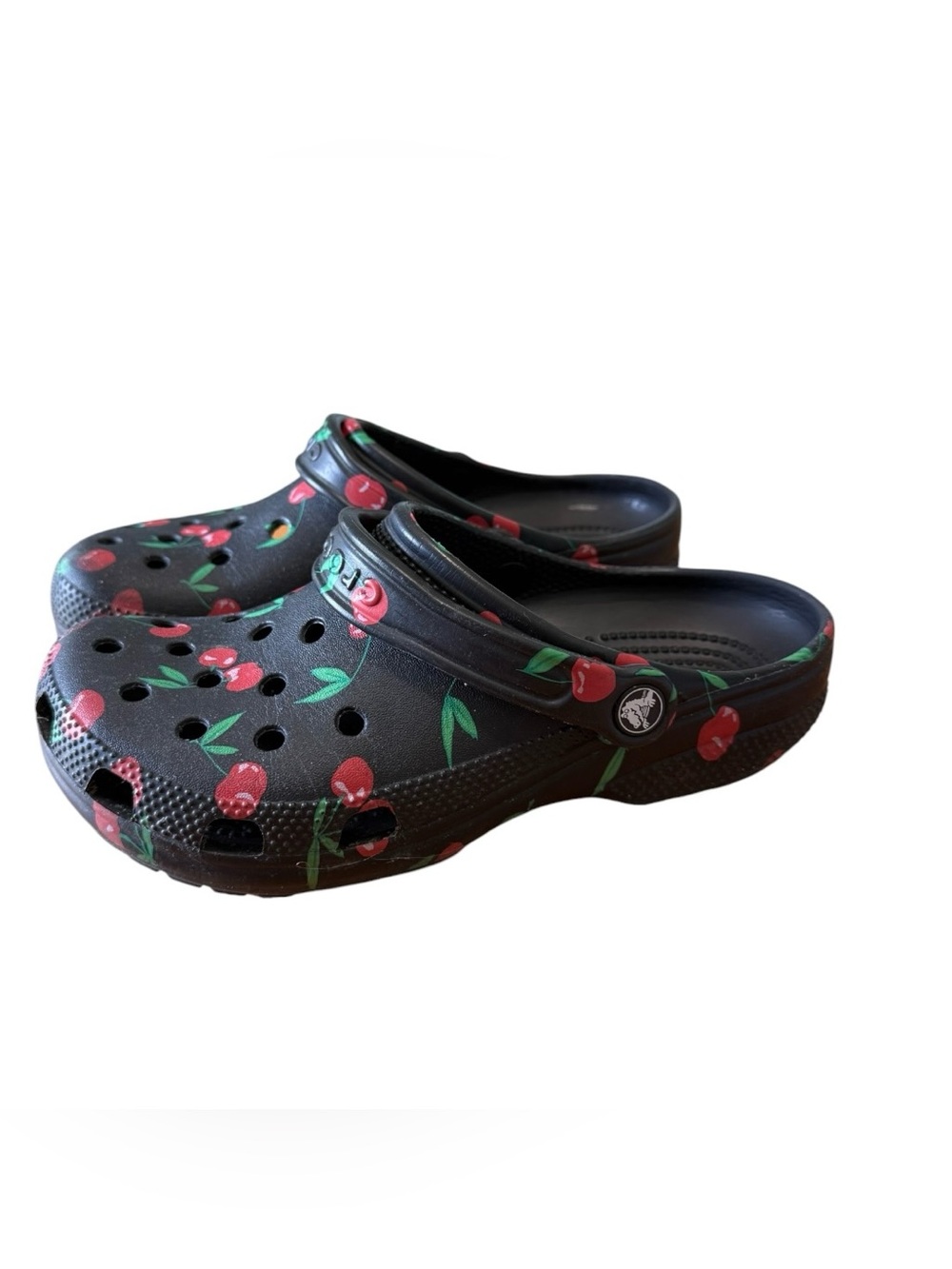 Crocs Classic Clogs Black Cherry Print Men's 6 Women's 8 Slip On EUC